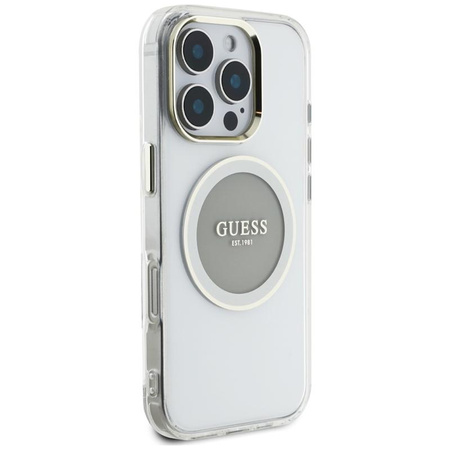 Guess IML Metallfarbener Kreis Klassisches Logo MagSafe - Gehäuse für iPhone 16 Pro (grau)