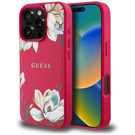 Guess Grained Flower Pattern MagSafe - étui pour iPhone 16 Pro (fuchsia)