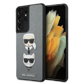 Karl Lagerfeld Saffiano Karl & Choupette Heads - pouzdro pro Samsung Galaxy S21 Ultra (stříbrné)