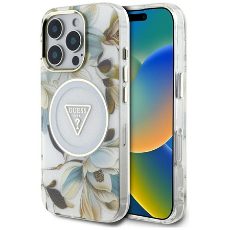 Guess Glitter Flowers Triangle Buttons MagSafe - Case for iPhone 16 Pro (white)