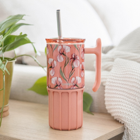 Quokka Umi - 720 ml Stainless Steel Thermal Mug with Straw and Silicone Coaster (Floral Coral)
