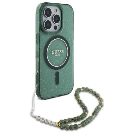Pouzdro Guess IML Glitter With Pearl Strap MagSafe - iPhone 16 Pro Max (zelené)
