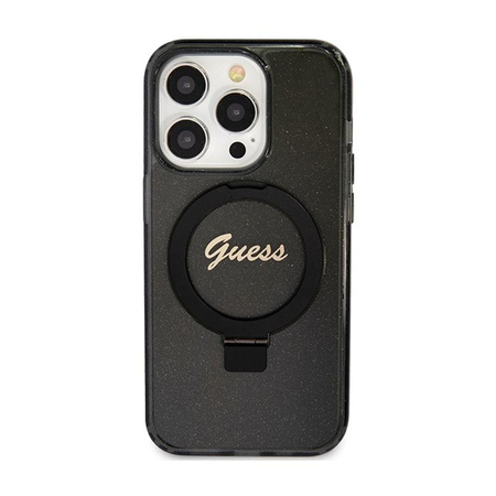 Guess Ring Stand Script Glitter MagSafe - pouzdro pro iPhone 15 Pro Max (černé)
