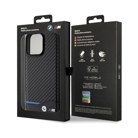 BMW Leather Carbon Blue Line - Coque pour iPhone 15 Pro Max (noir)