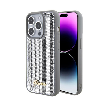 Guess Sequin Script Metal - Schutzhülle für iPhone 15 Pro (Silber)