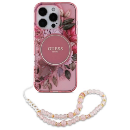 Guess IML Flowers With Pearl Strap MagSafe - Case for iPhone 16 Pro Max (Pink)