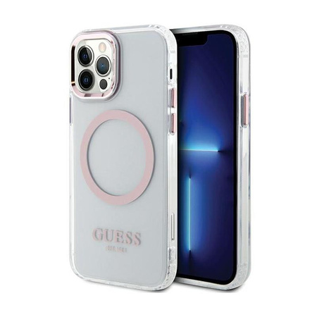 Pouzdro Guess Metal Outline MagSafe - iPhone 12 / iPhone 12 Pro (průhledné / růžové)