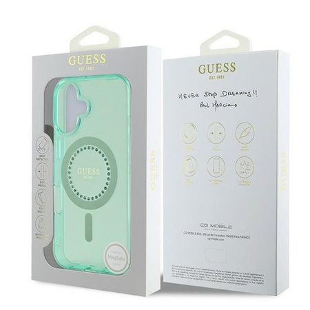 Guess IML Rhinestones MagSafe - Pouzdro pro iPhone 16 (Zelené)