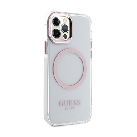 Pouzdro Guess Metal Outline MagSafe - iPhone 12 / iPhone 12 Pro (průhledné / růžové)