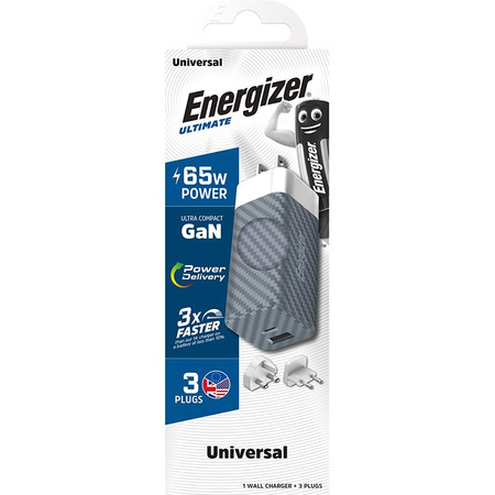 Energizer Ultimate - cestovní nabíječka Multiplug EU / UK / US GaN USB-C a USB-A 65W PD (stříbrná)