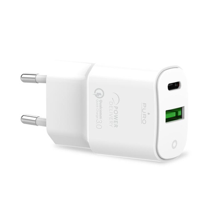 PURO Fehér Mini gyors mini utazási töltő - USB-A + USB-C Power Delivery 20W-os gyors utazási töltő (fehér)