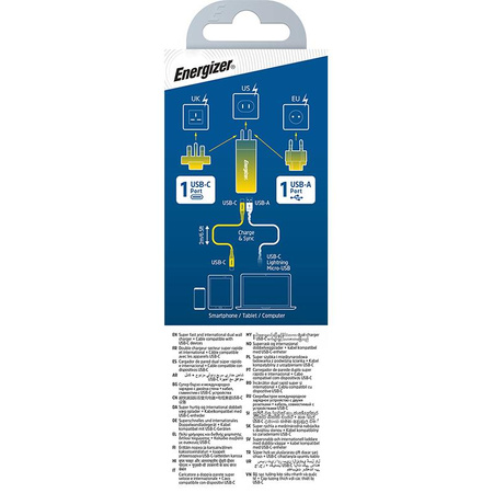Energizer Ultimate - cestovní nabíječka Multiplug EU / UK / US GaN USB-C a USB-A 65W PD + kabel USB-C (černá)