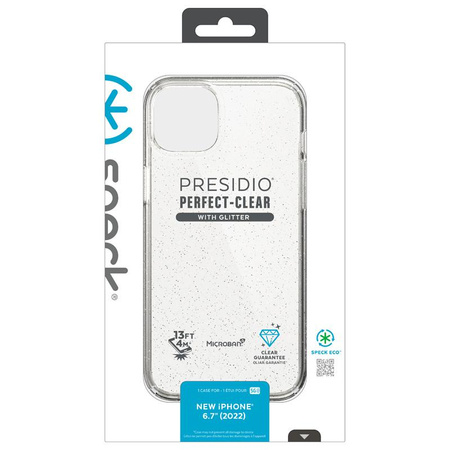Speck Presidio Perfect-Clear mit Glitter - iPhone 14 Plus Hülle mit MICROBAN-Beschichtung (Klar / Gold Glitter)