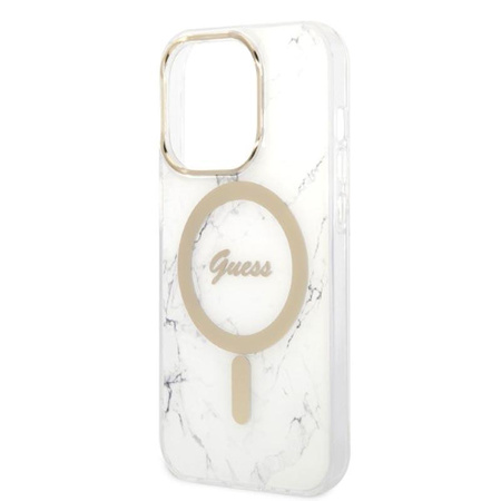 Guess Bundle Pack MagSafe IML Marble - pouzdro MagSafe pro iPhone 14 Pro Max + sada nabíječky (bílá/zlatá)