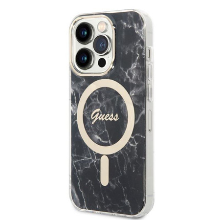 Guess Bundle Pack MagSafe IML Marble - sada pouzdra pro iPhone 14 Pro + nabíječka MagSafe (černá/zlatá)