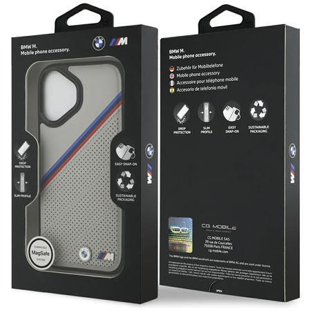 Custodia MagSafe per iPhone 17 con logo tricolore in metallo BMW M (grigio)