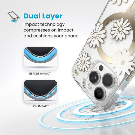Speck Presidio Lux ClickLock & MagSafe - pouzdro pro iPhone 16 Pro (Sunshine Daisies / Clear / Gold)