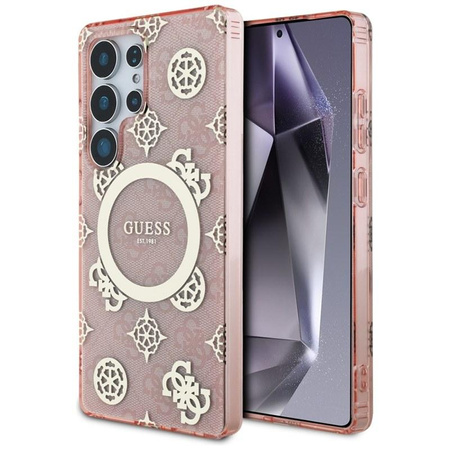 Guess 4G Background Gold Electroplated Peony Pattern MagSafe - Hülle für Samsung Galaxy S25 Ultra (rosa)