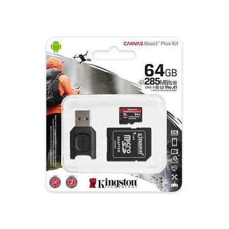 Carte mémoire Kingston Canvas React Plus MicroSDXC - 64 Go A1 Class 10 U3 165/285 MB/s avec adaptateur