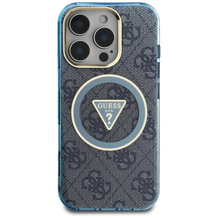Guess IML Metal Glitter 4G Circle Triangle MagSafe - Coque pour iPhone 16 Pro (bleu)