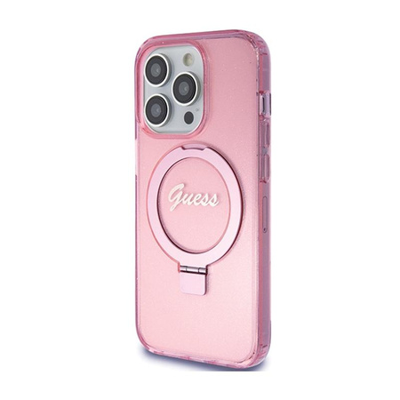 Guess Ring Stand Script Glitter MagSafe - iPhone 15 Pro Max tok (rózsaszín)