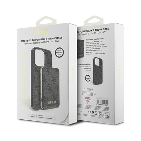 Guess Bundle Pack MagSafe 4G Metal Gold Logo - Etui Set + Power Bank 5000mAh MagSafe iPhone 15 (schwarz)