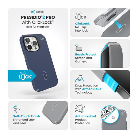 Speck Presidio2 Pro ClickLock & MagSafe - pouzdro pro iPhone 16 Pro (pobřežní modrá / prachově šedá / bílá)