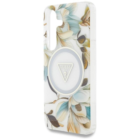 Guess Glitter Flowers Triangle Buttons MagSafe - Hülle für Samsung Galaxy S25 (weiß)