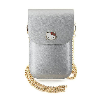 Hello Kitty Leder Metall Logo Kette - Crossbody Handytasche (silber)