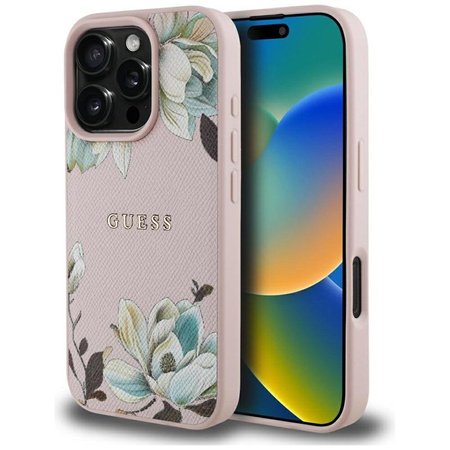 Guess Genarbtes Blumenmuster MagSafe - Hülle für iPhone 16 Pro Max (rosa)