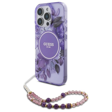 Guess IML Flowers With Pearl Strap MagSafe - iPhone 16 Pro Case (purple)
