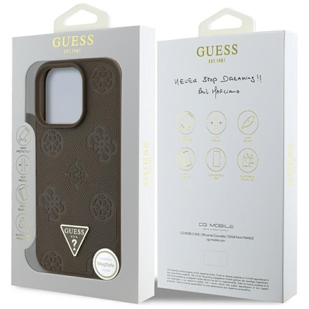 Guess Grained Hot Stamp Pfingstrose Dreieck Logo MagSafe - Hülle für iPhone 16 Pro (braun)