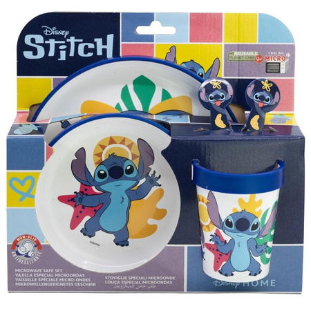 Disney Stitch - Protiskluzová sada nádobí do mikrovlnné trouby 5 ks. (talíř, miska, hrnek, vidlička, lžíce)