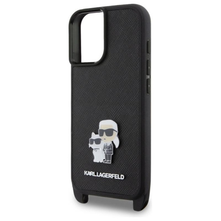 Karl Lagerfeld Saffiano Karl & Choupette Metal Pin CBDY Strap - Pouzdro iPhone 16 (černé)