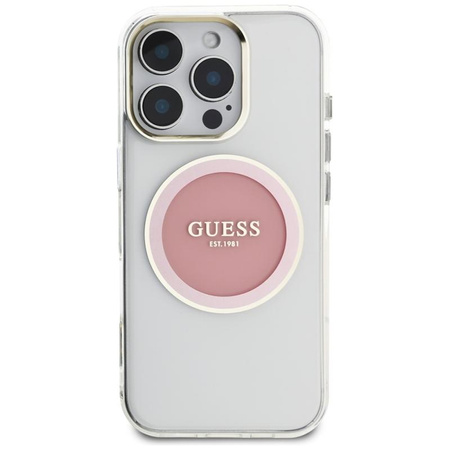 Guess IML Metallfarbener Kreis Klassisches Logo MagSafe - Gehäuse für iPhone 16 Pro (rosa)