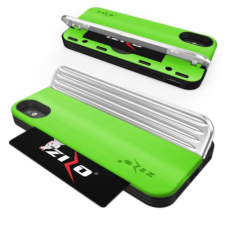 Zizo Retro Series - iPhone Xs / X case with card pocket + stand + 9H glass for screen (Neon Green/Silver)