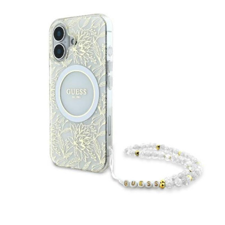 Guess IML Blumen Allover Elektro mit Perle Riemen MagSafe - iPhone 16 Plus Fall (weiß)