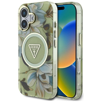 Guess Glitter Flowers Triangle Buttons MagSafe - étui pour iPhone 16 vert