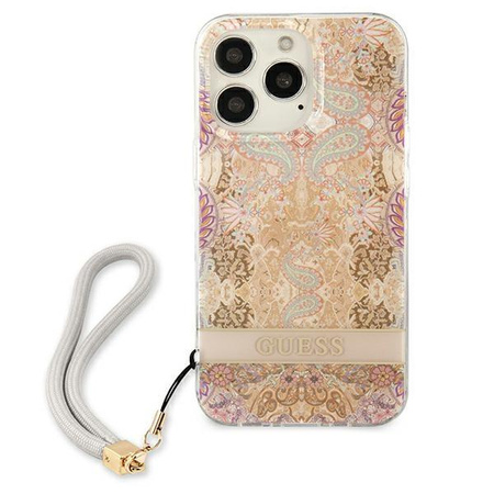 Guess Flower Cord - Etui ze smyczką iPhone 13 Pro Max (Gold)
