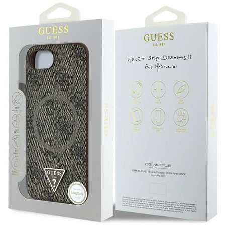 Guess 4G Ring Triangle Logo MagSafe - pouzdro pro iPhone 16e (hnědé)