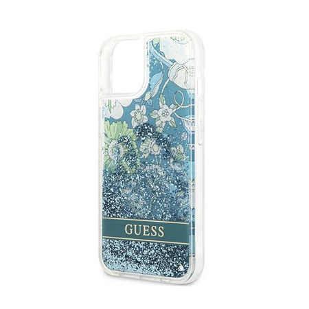 Guess Liquid Glitter Flower - Hülle für iPhone 13 mini (Blau/grün)