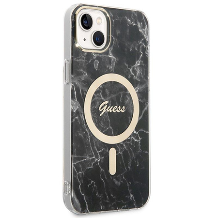Guess Bundle Pack MagSafe IML Marble - sada pouzdra pro iPhone 14 Plus + nabíječka MagSafe (černá/zlatá)