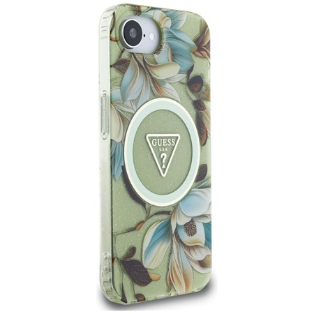Guess IML Metal Glitter Flowers Triangle MagSafe - pouzdro pro iPhone 16e (zelené)
