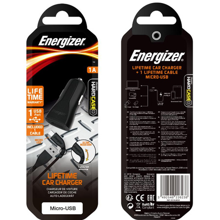 Energizer HardCase - USB-A 1A car charger + Micro USB cable (Black)