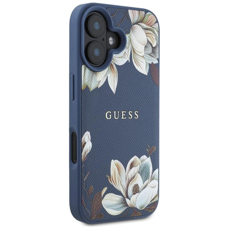Guess Grained Flower Pattern MagSafe - étui pour iPhone 16 (bleu)