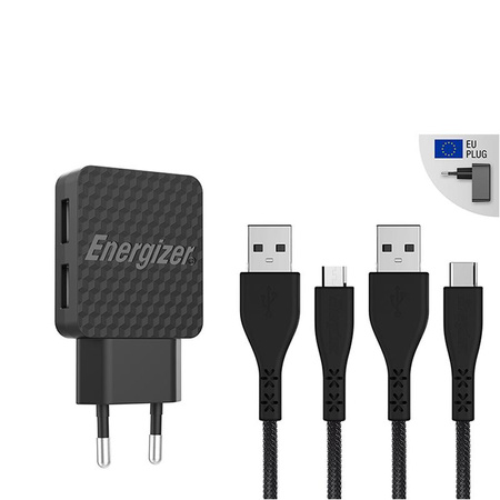 Energizer HardCase - Chargeur secteur compact 2x USB-A + USB-C & câble Micro USB (Noir) garantie à vie
