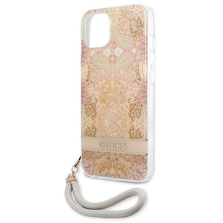 Guess Flower Cord - Etui avec dragonne iPhone 13 (Or)