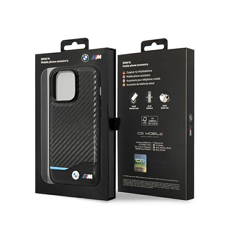 BMW Leather Carbon Blue Line - iPhone 14 Pro tok (fekete)