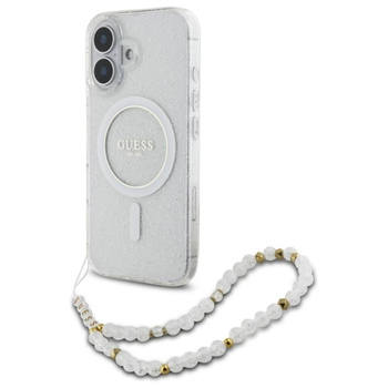 Guess IML Glitter With Pearl Strap MagSafe - pouzdro pro iPhone 16 Plus (průhledné)