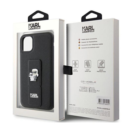 Karl Lagerfeld Gripstand Saffiano Karl & Choupette kitűzők - iPhone 11 tok (fekete)